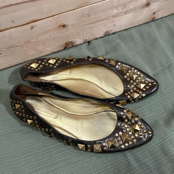 BCBGMAXAZRIA Black & Gold Studded Pointed-Toe Flats – Edgy Rock Chic boho chic - Picture 1 of 6